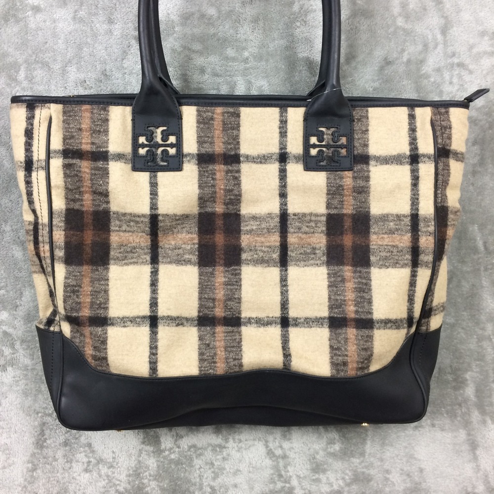 Tory Burch Plaid Wool Tote Bag Travel Purse Zipper Gold Tone 20"x14" Blake